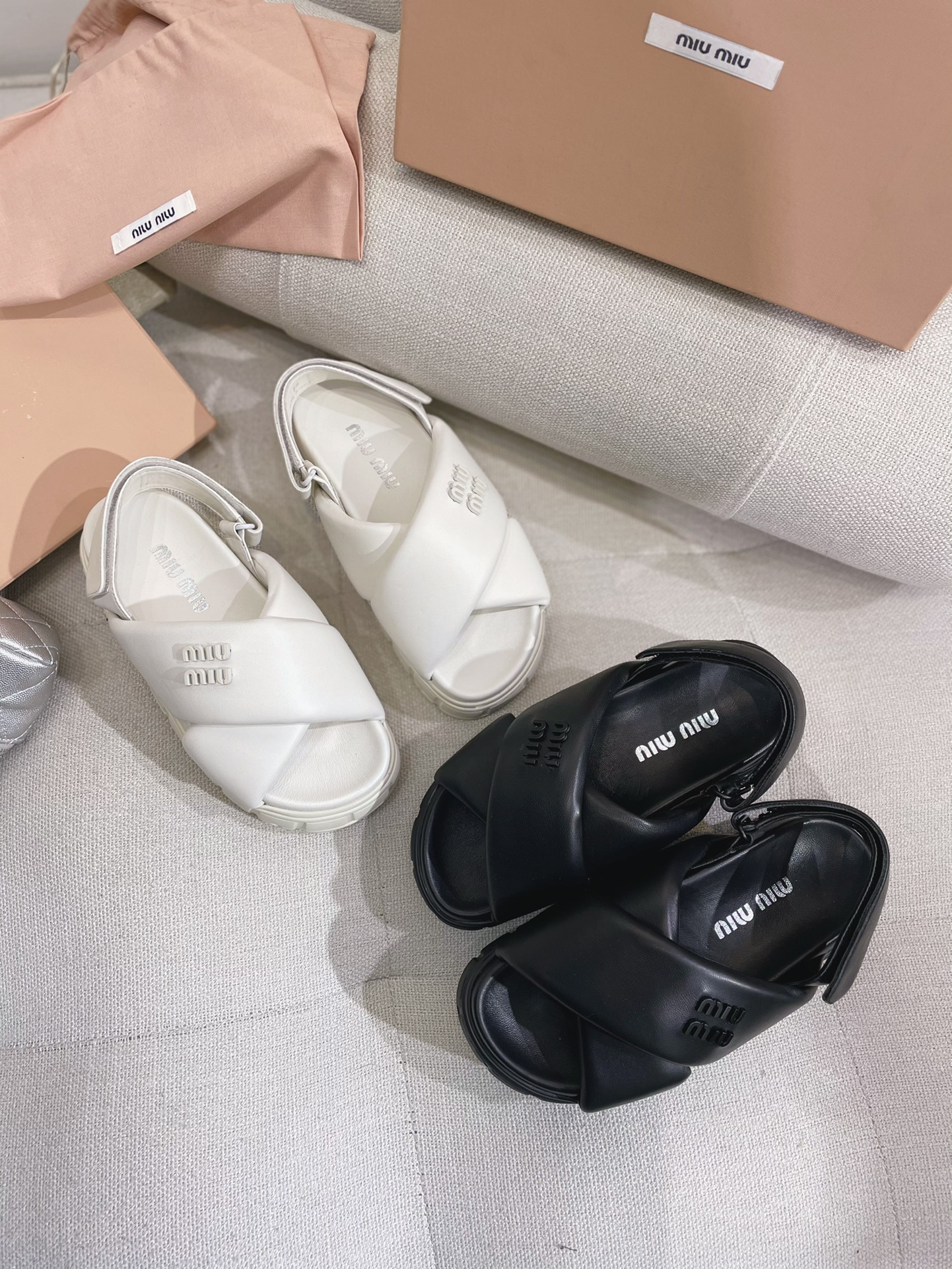 TOP Miu Miu Soft Lambskin Cross Strap Thick Sole Sandals - 2 Colors