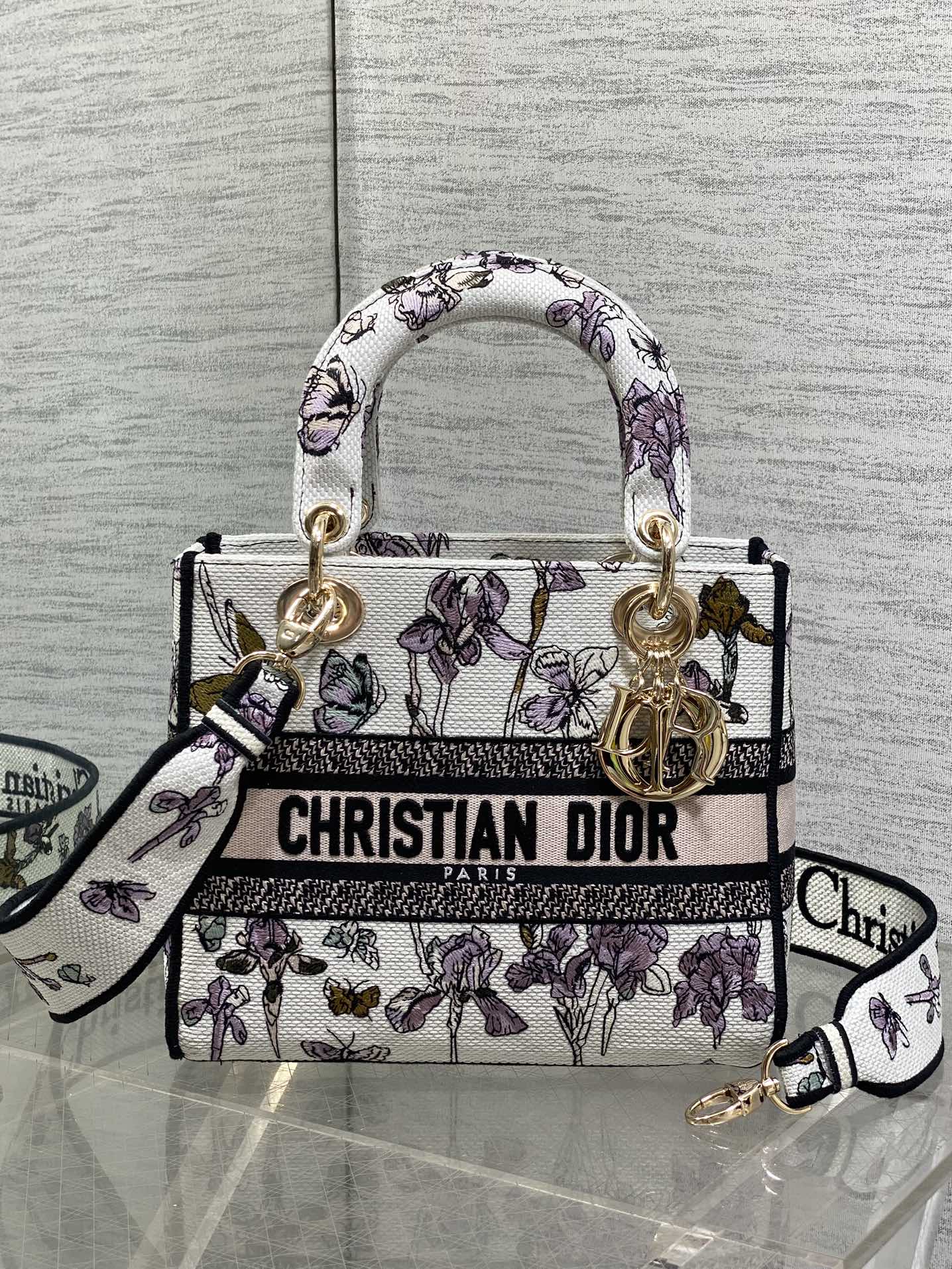 TOP Christian Dior Butterfly and Flowers Embroidered Lady D-Lite Bag 24x11x20cm - White