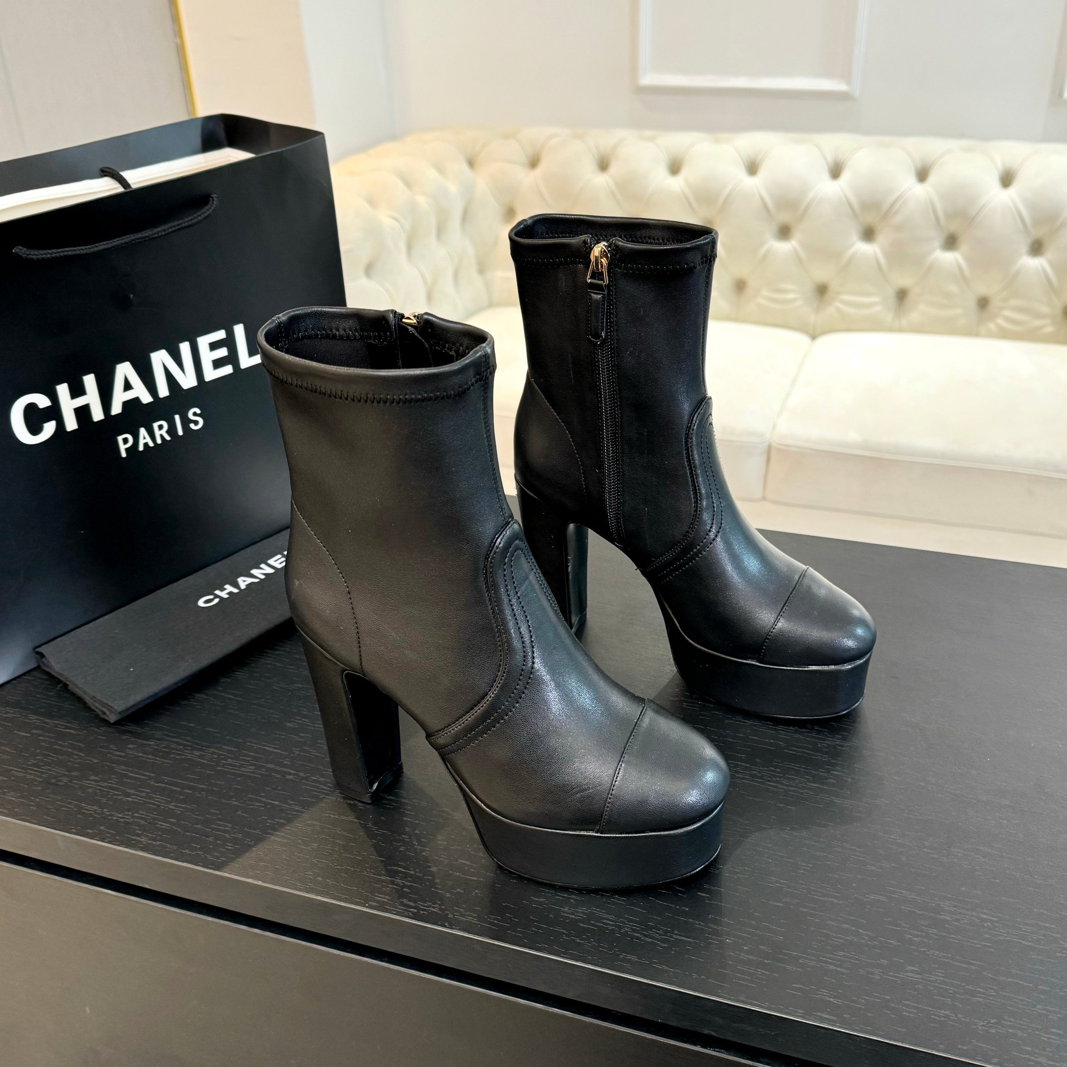 TOP CHANEL 11.5cm High Heel Leather Stretch Boots - 4 Color