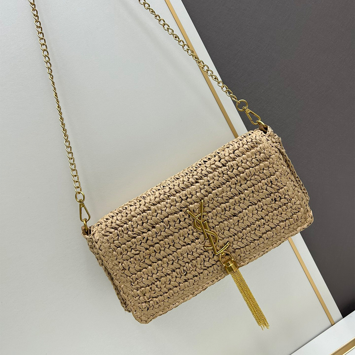 Saint Laurent Kate 99 Shoulder Bag Dark Nude Raffia(7A regular version)