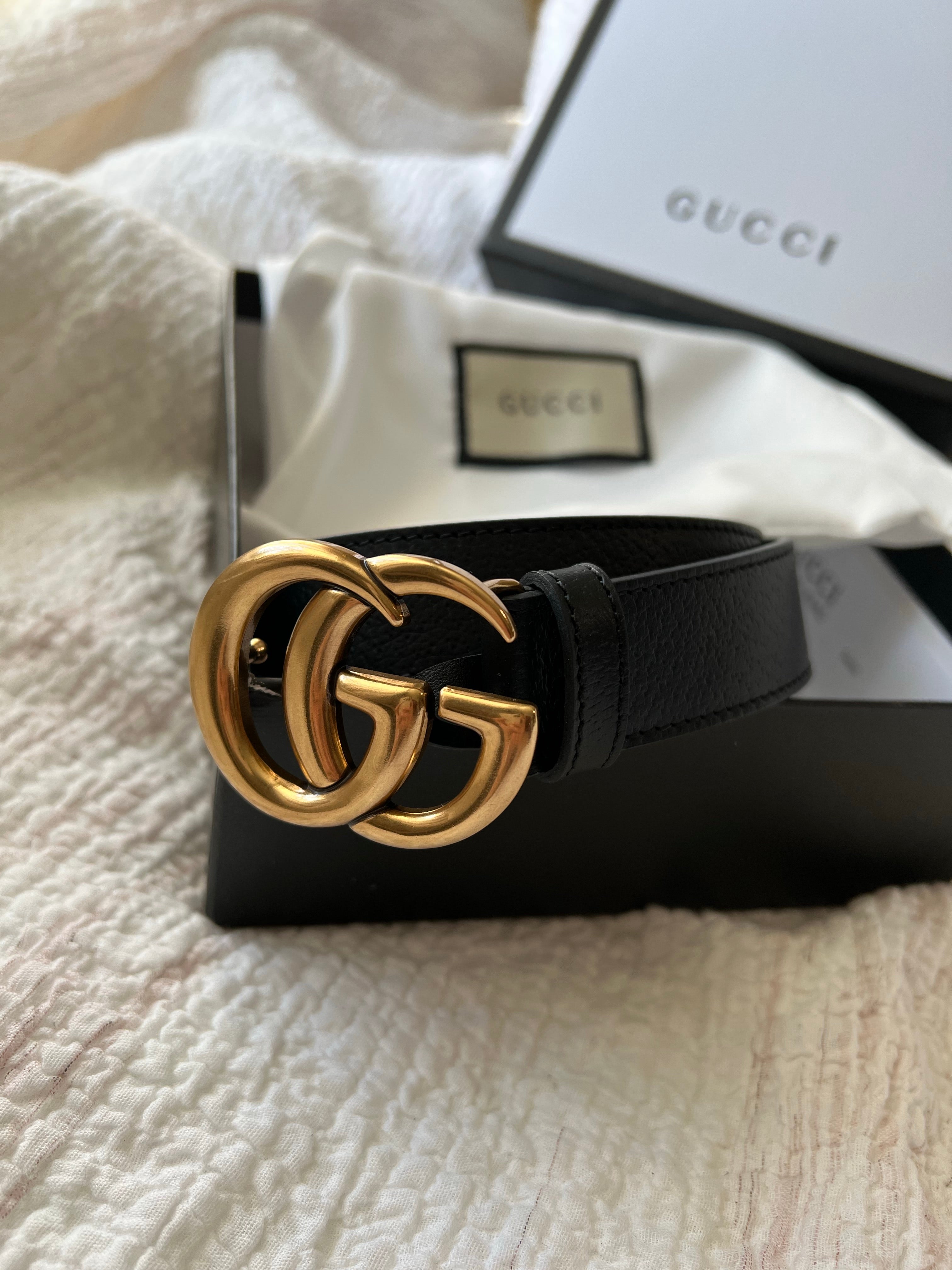 TOP GUCCI GG Marmont Texture Leather Belt 3CM Width - Black