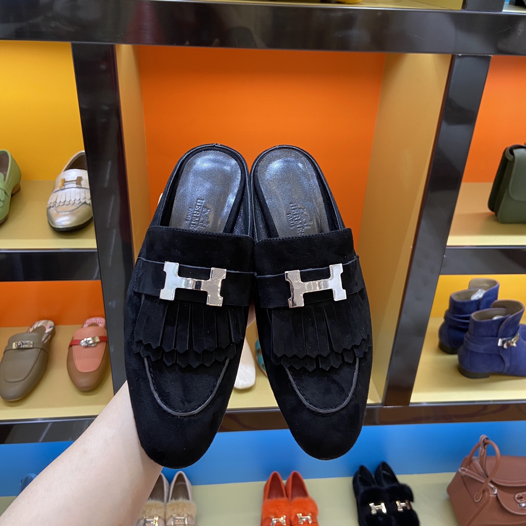 TOP HERMES Rivoli Mules - Black & SHW/GHW