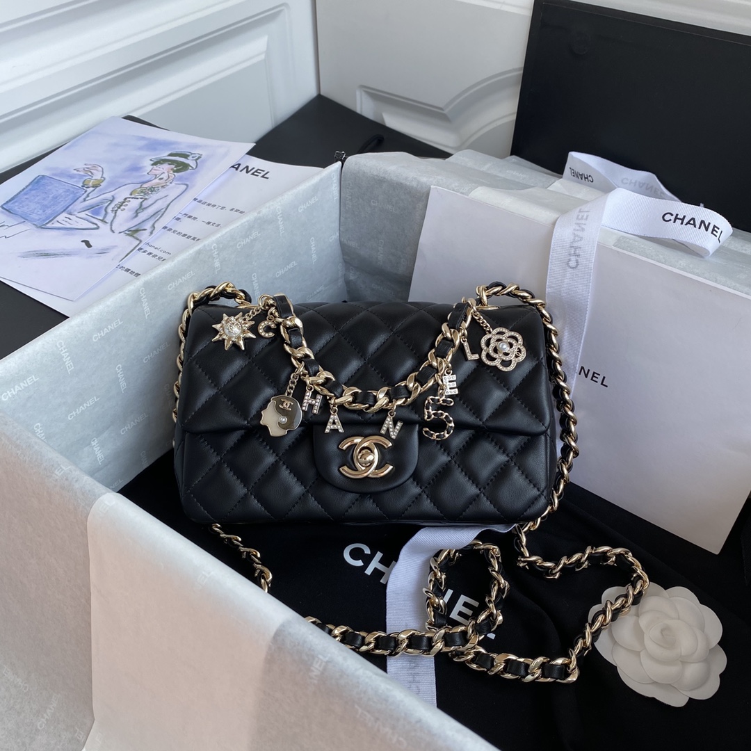 TOP CHANEL Mini CF Flab Bags 20x12x6cm -Black&GHW