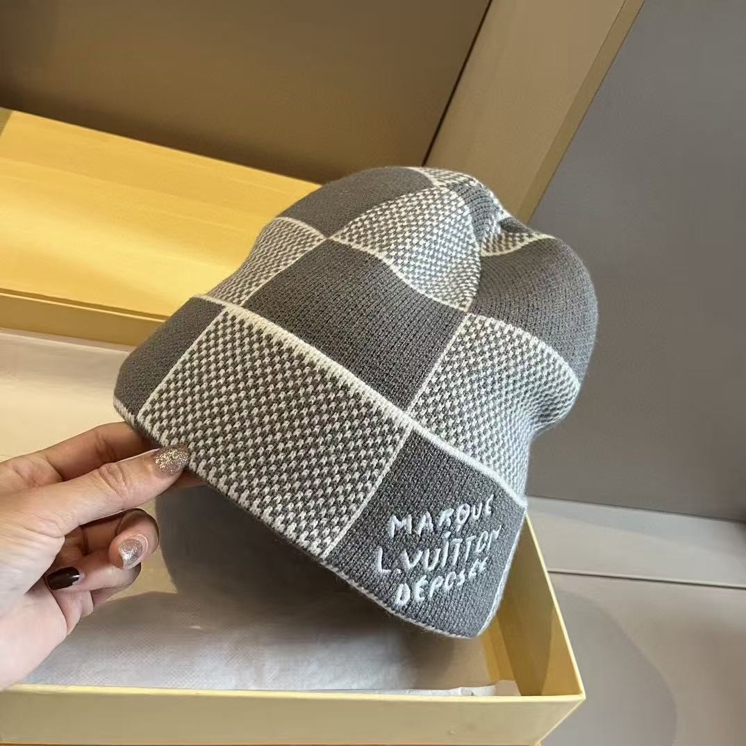 Louis Vuitton Damier Snug Checkered Knit Beanie, Warm Wool Winter Hat