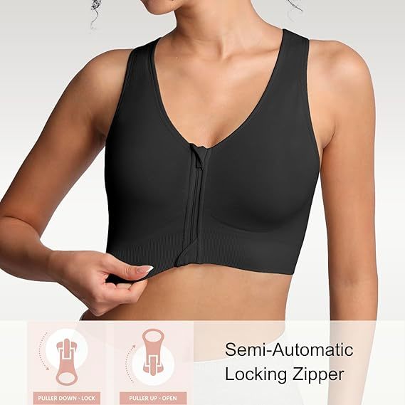Front Zipper Sports Bras High Impack Post Op Compression Bras for Women Post Surgery Wireless Racerback Yoga Bra