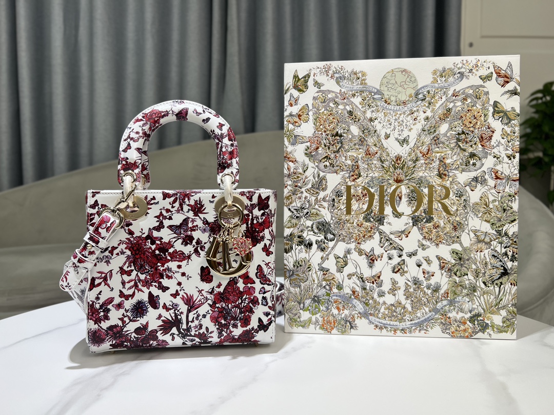 TOP Christian Dior White Calfskin leather Lady Dior Bags 20x17x8CM - Red - GHW
