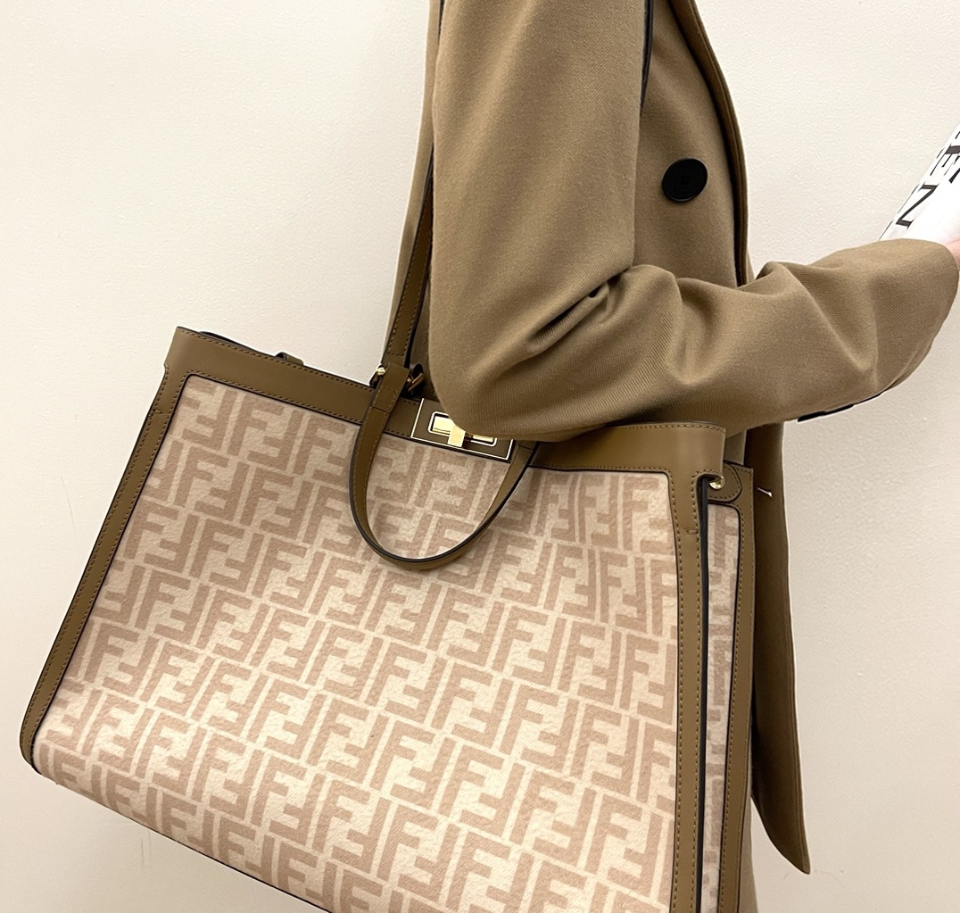 TOP FENDI Double FF Flannel Peekaboo Bags - 41x16x30cm - GHW&Apricot