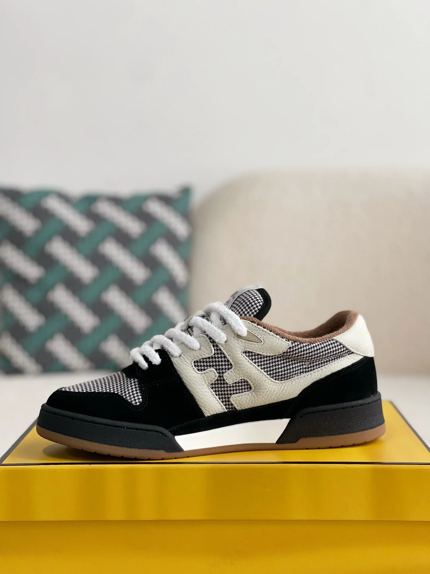 WWWShoes Men Houndstooth Patchwork Low Top Sneakers Suede Leather Mixed Panel Casual Skate Shoes