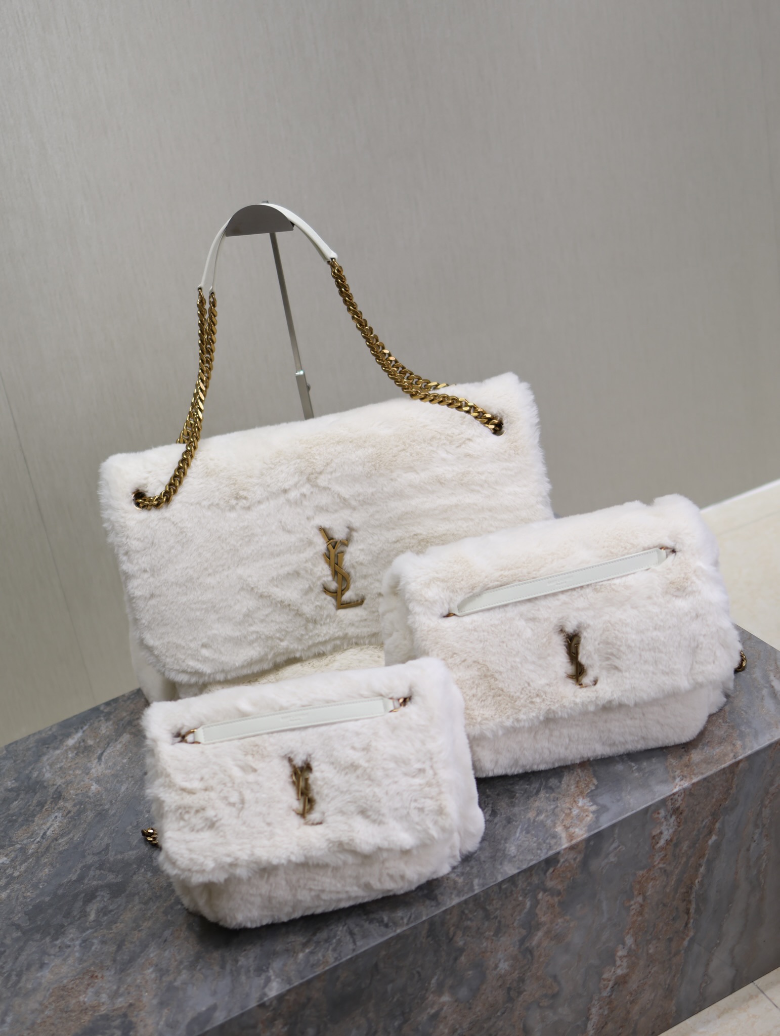 TOP Yves Saint Laurent YSL Rabbit Fur Niki Bags - 3 Sizes-2 Colors