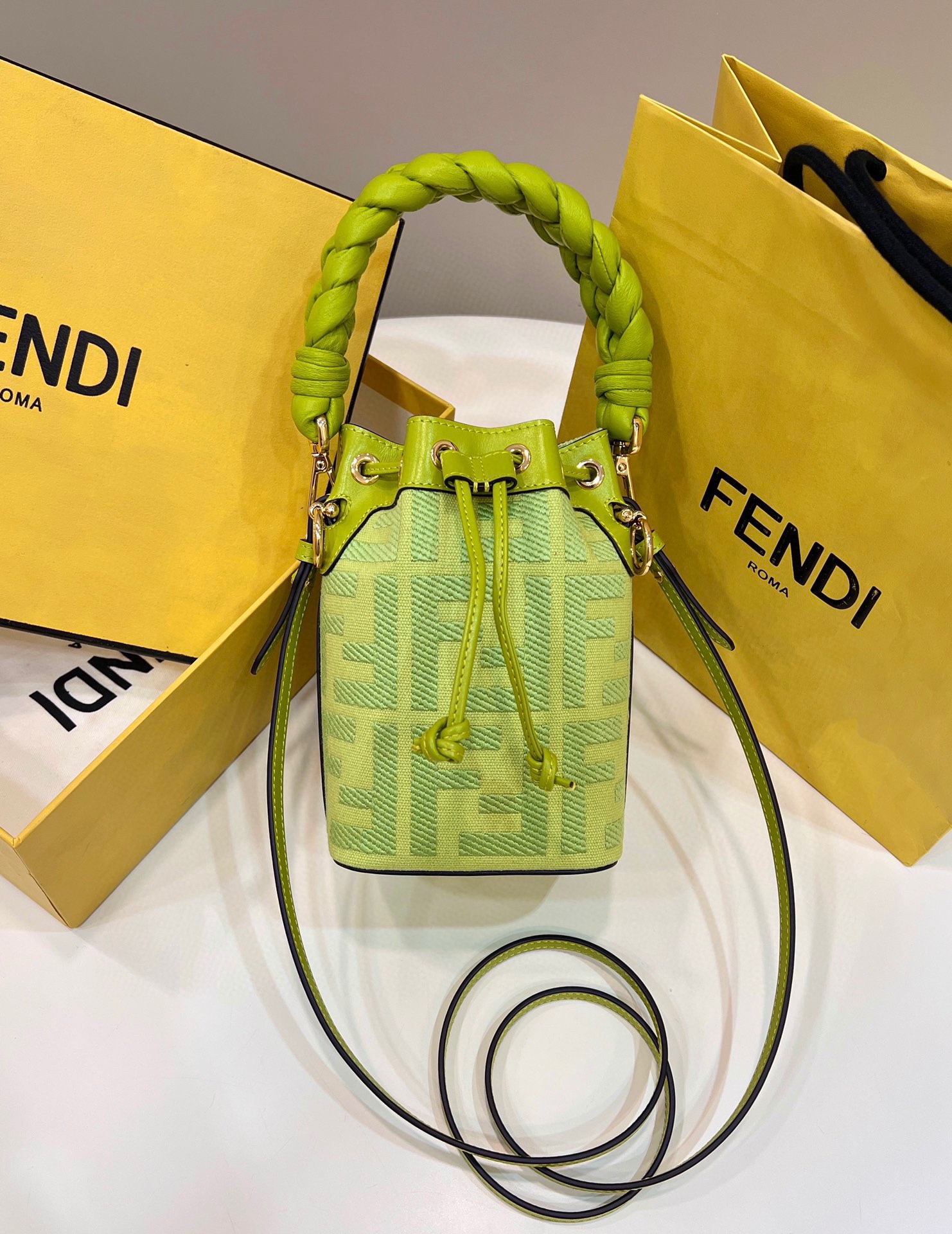 TOP FENDI Mon Tresor Embroidered Washed Denim HandBag - Green