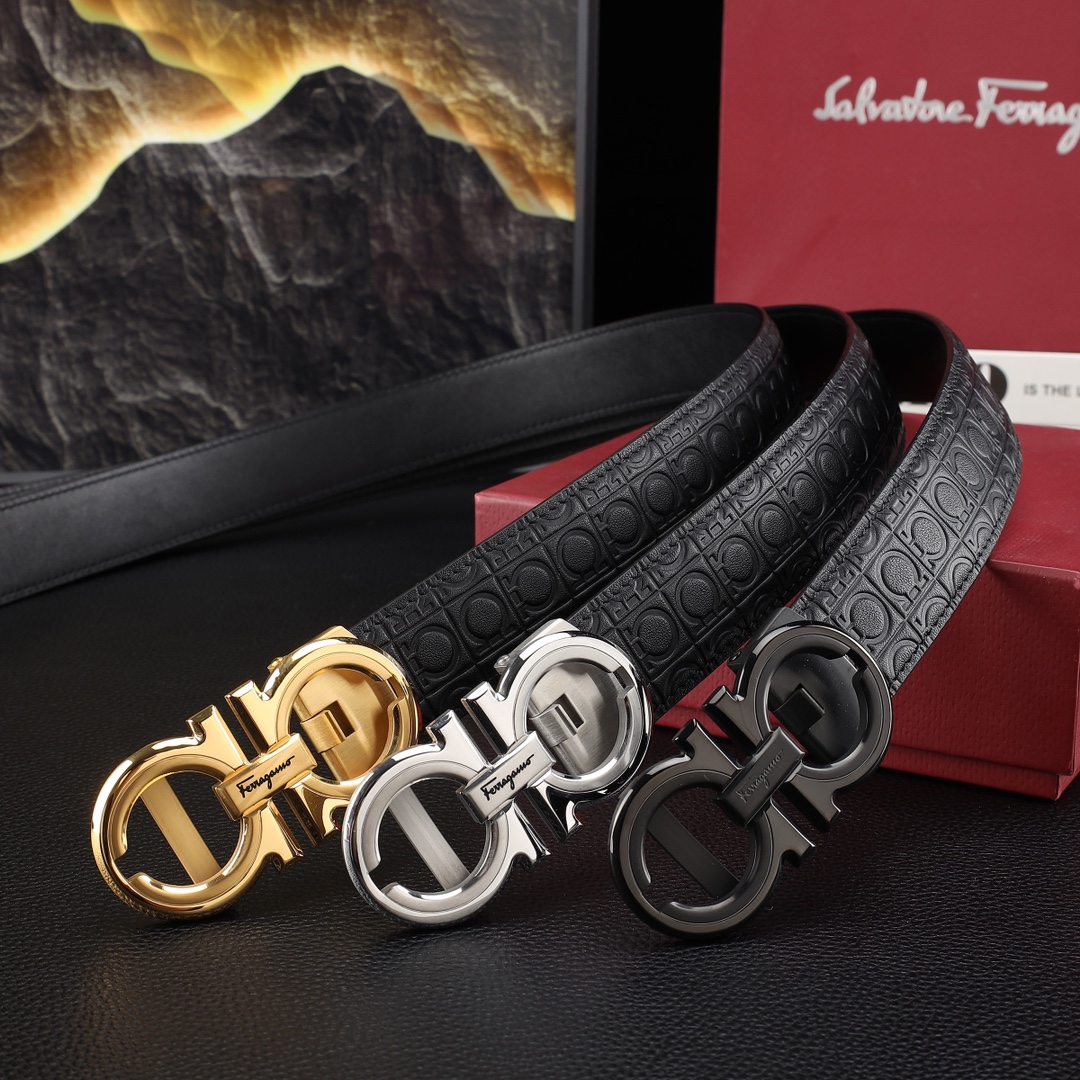 Salvatore Ferragamo Unisex Embossed Leather Automatic Belt, Classic Gancini Metal Buckle, Men Women Fashion Waist Belt