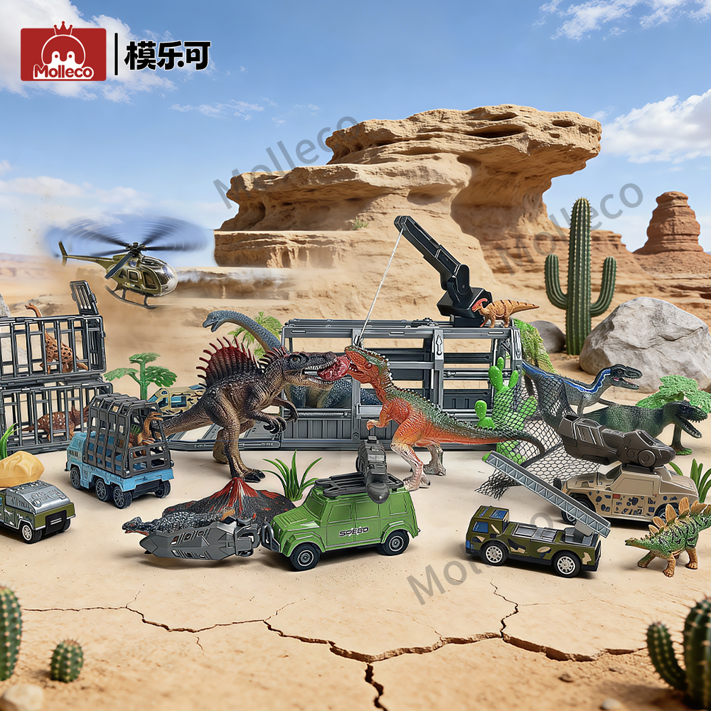 Molleco Dinosaur Figure Toys Set for Kids and Childre ST084 11 Dinosaurs + 6 Cars + Helicopter + Dinosaur Cage + Props
