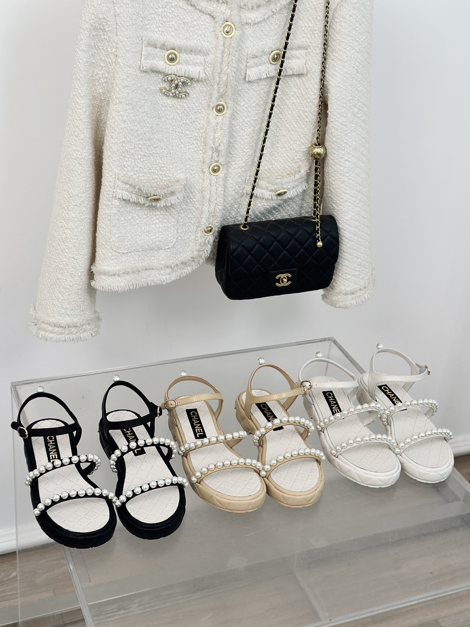 TOP CHANEL Thick-soled Camellia Pearls Sandals 3cm - 3 Color