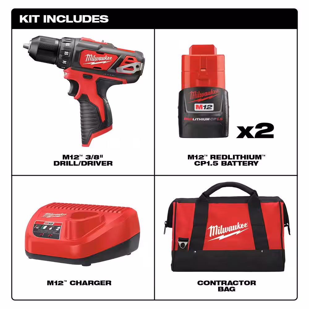 M12 12V Lithium-Ion Cordless 3/8 in. Drill/Driver Kit with Two 1.5 Ah Batteries, Charger and Tool Bag