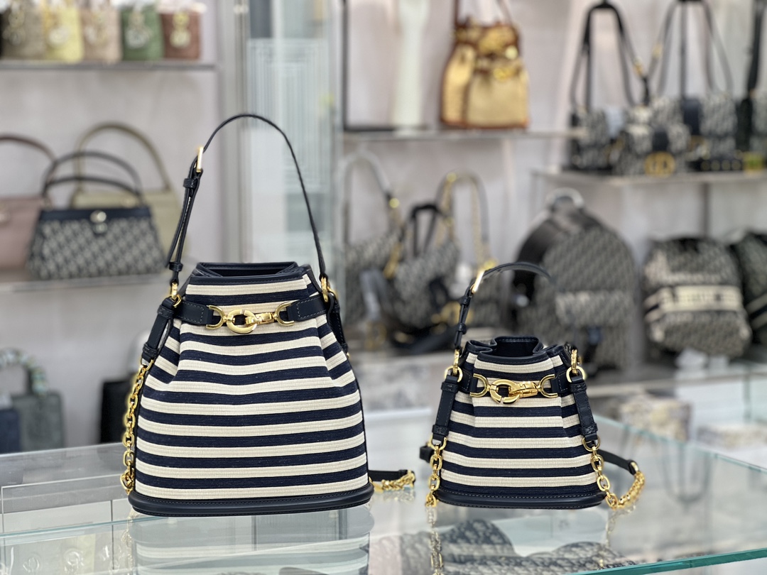 TOP Christian Dior Navy Style Deep Blue Striped Bucket Bags 17 x 7 x 18 cm/24 x 10 x 24.5 cm - GHW