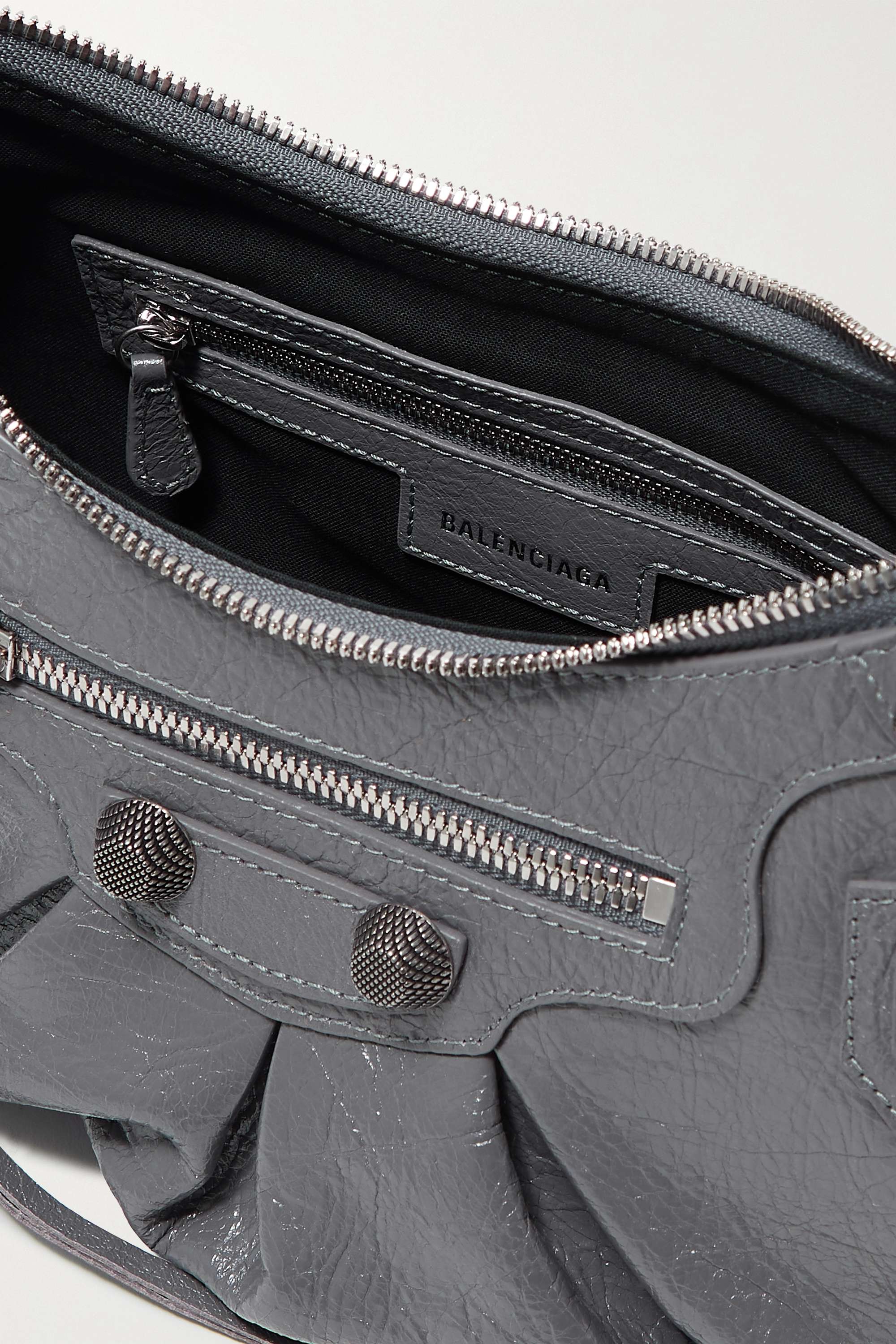 BALENCIAGA Le Cagole small studded crinkled-leather shoulder bag Grey（10A Mirror Version）