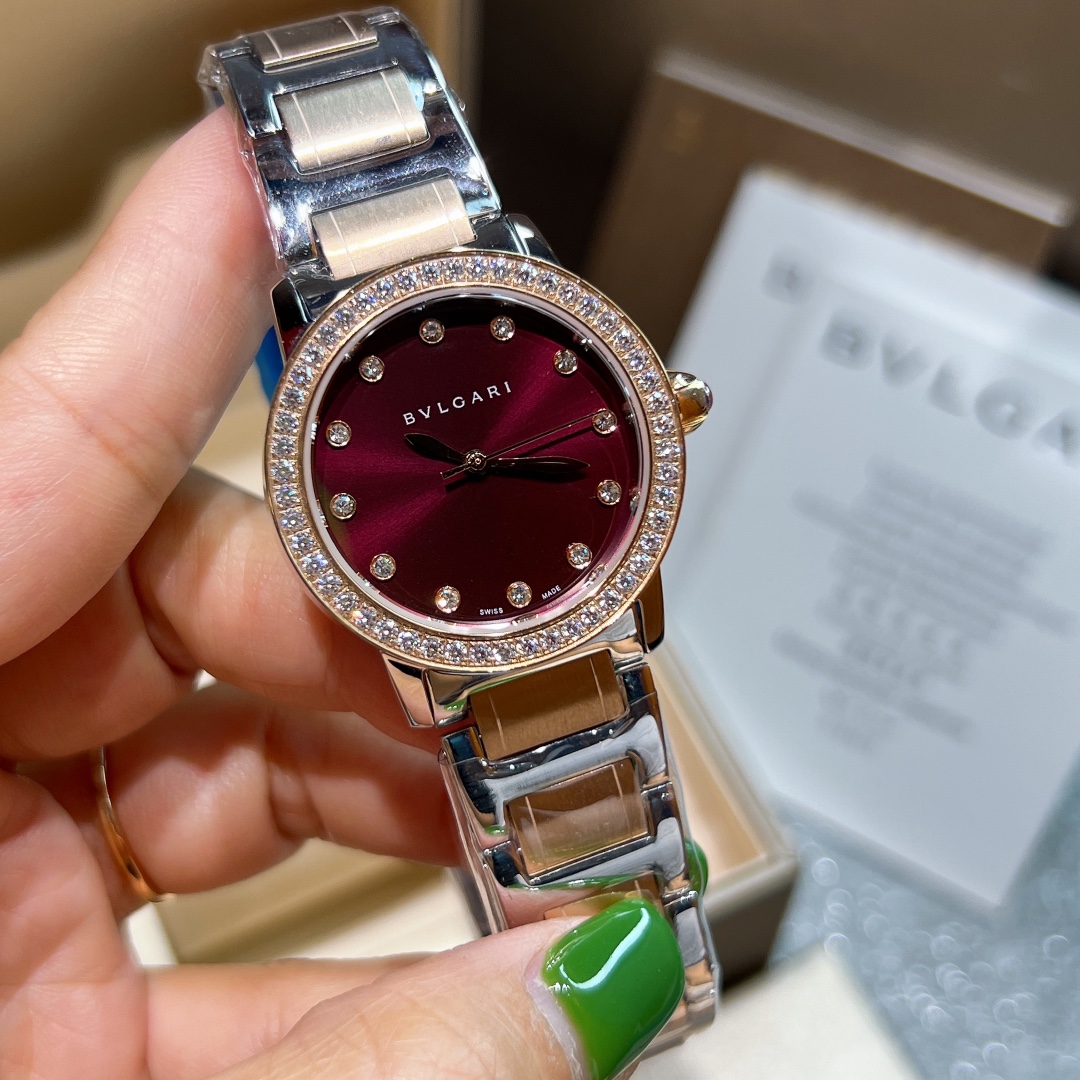TOP BVLGARI Red Dial Watch 33mm - Rose Gold