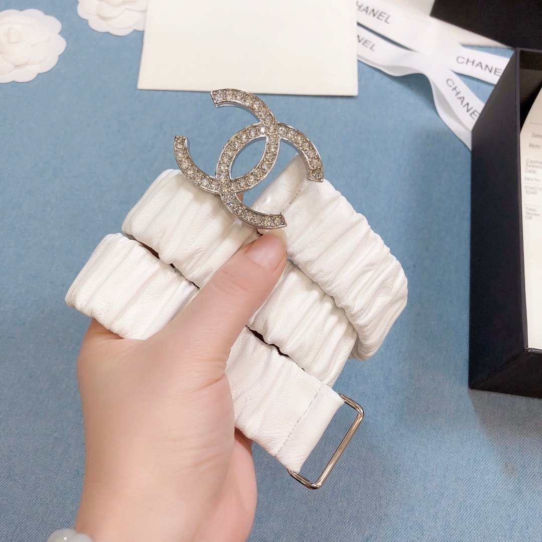 Chanel Belt Double C Buckle White Silver-Toned Hardware and Strass Women Belt 30MM