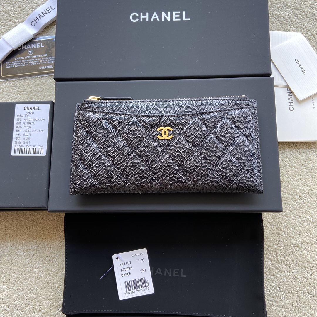 TOP CHANEL Wallet Grained Calfskin 19.5×10×2cm - Black & GHW/SHW