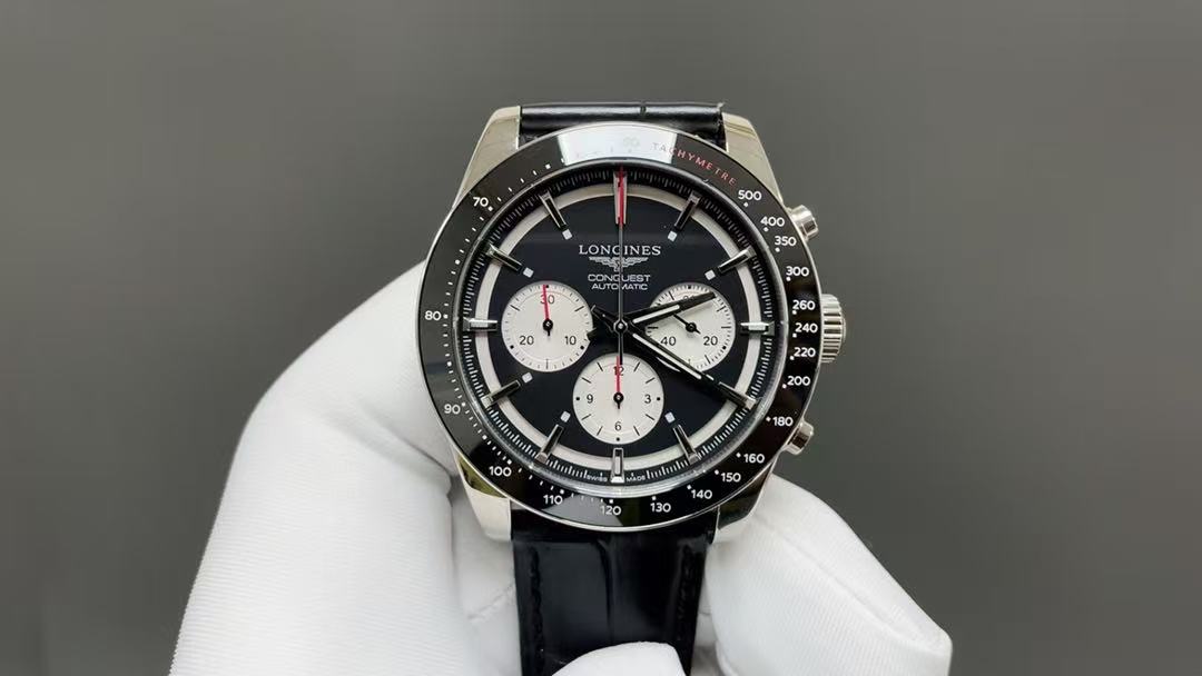 Longines Conquest Automatic Chronograph Watch, Men's Black Dial Crocodile Leather Strap Wristwatch