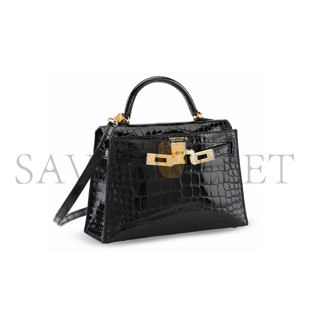 HERMÈS A SHINY BLACK ALLIGATOR SELLIER MINI KELLY 20 II WITH GOLD HARDWARE (19*12*5.5cm)