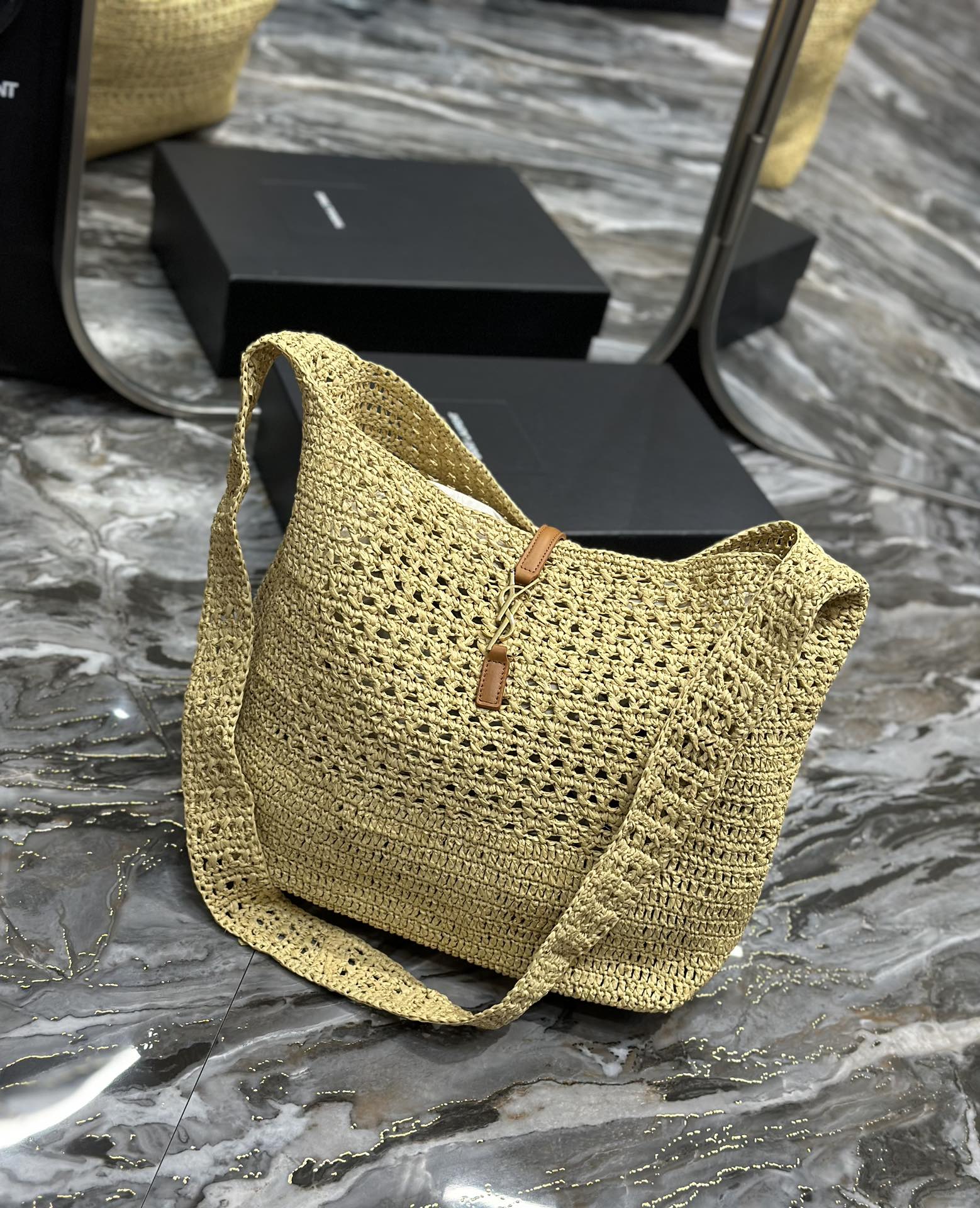 TOP Yves Saint Laurent YSL HOBO RAFFIA Handwoven Bag 30 × 37 × 14 cm - Khaki