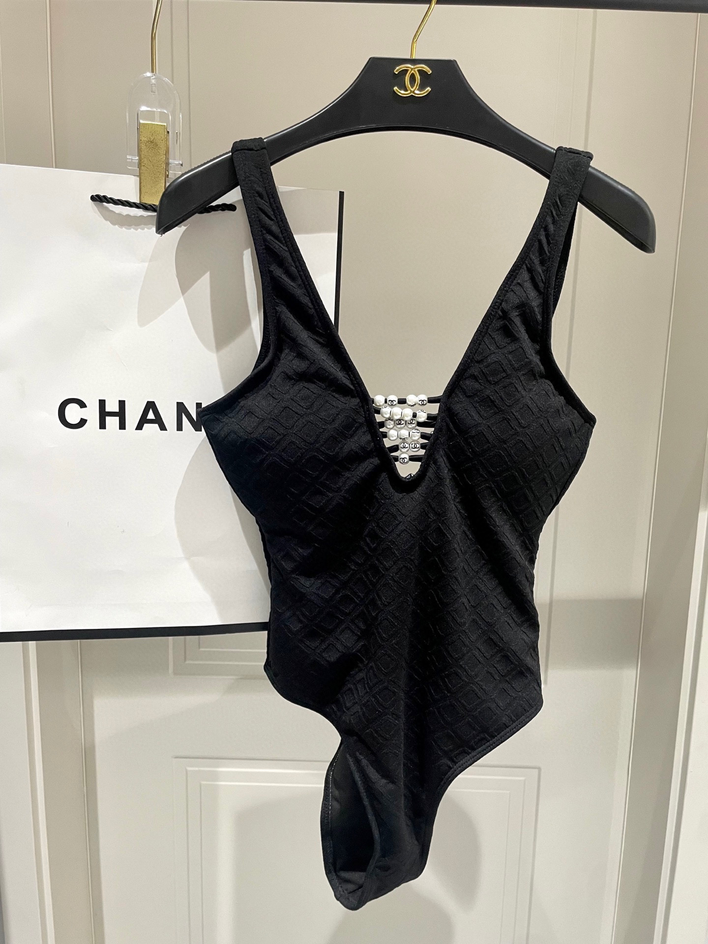 TOP CHANEL Pearl One-Piece Swimsuit - Black