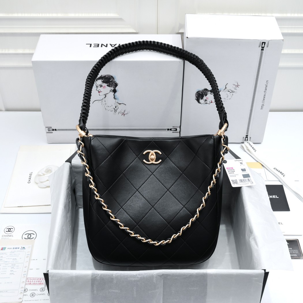 TOP CHANEL 23A Hobo Handbag Hippie Bag 26*25*7.5CM - Black&GHW