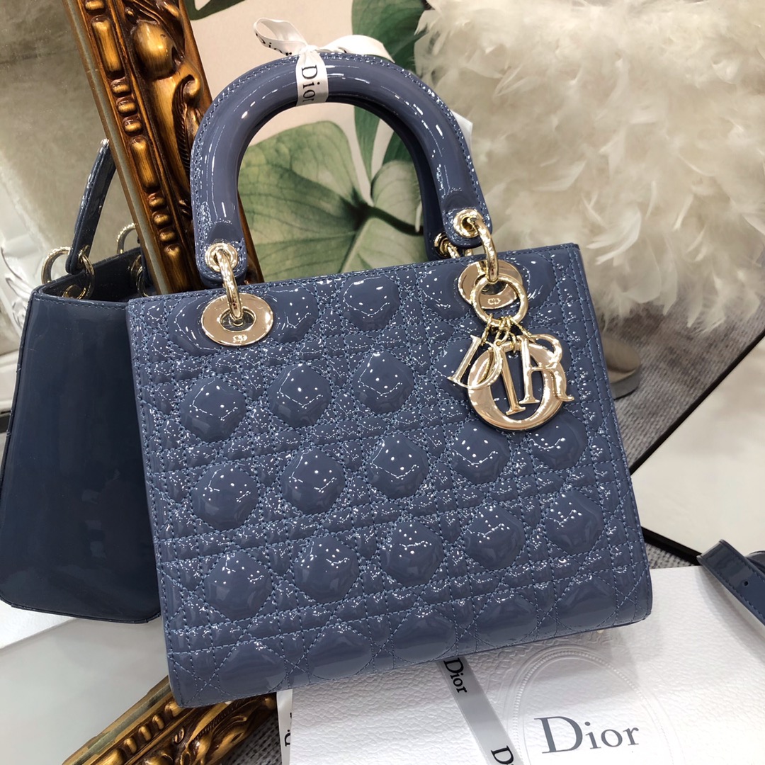 TOP Christian Dior 5-Grid Patent Leather Calf Leather Handbag 24*20*11cm - Denim Blue