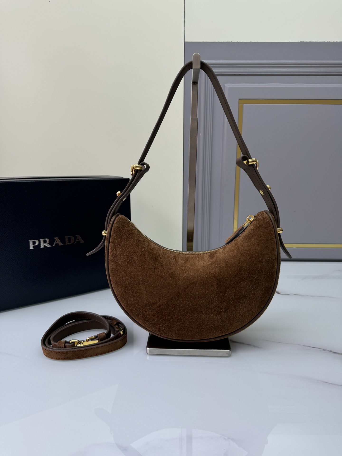 TOP PRADA Moon Bag Suede Calfskin 22.5x18.5x6.5cm - Brown