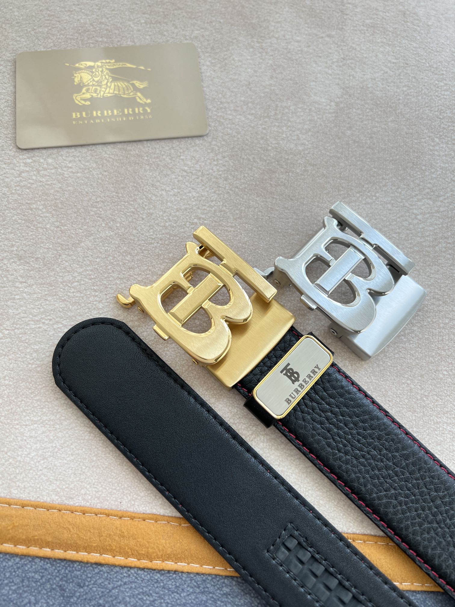 Burberry Men's Genuine Leather Automatic Belt, TB Logo Metal Buckle, Luxury Business Waist Belt