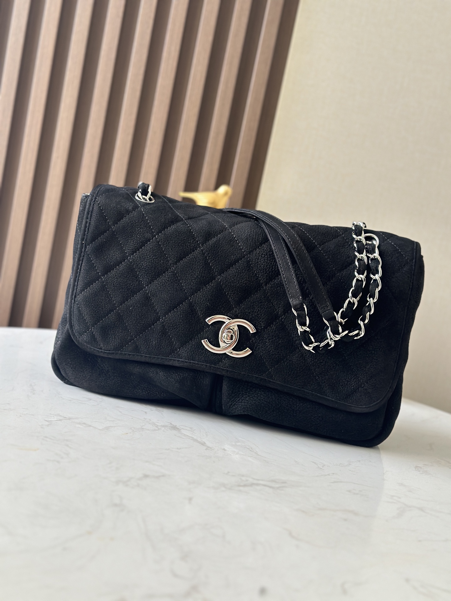 TOP CHANEL Oversized Logo Suede Double Pocket Chain Flap Bag 34x25x10cm- 2 Colors