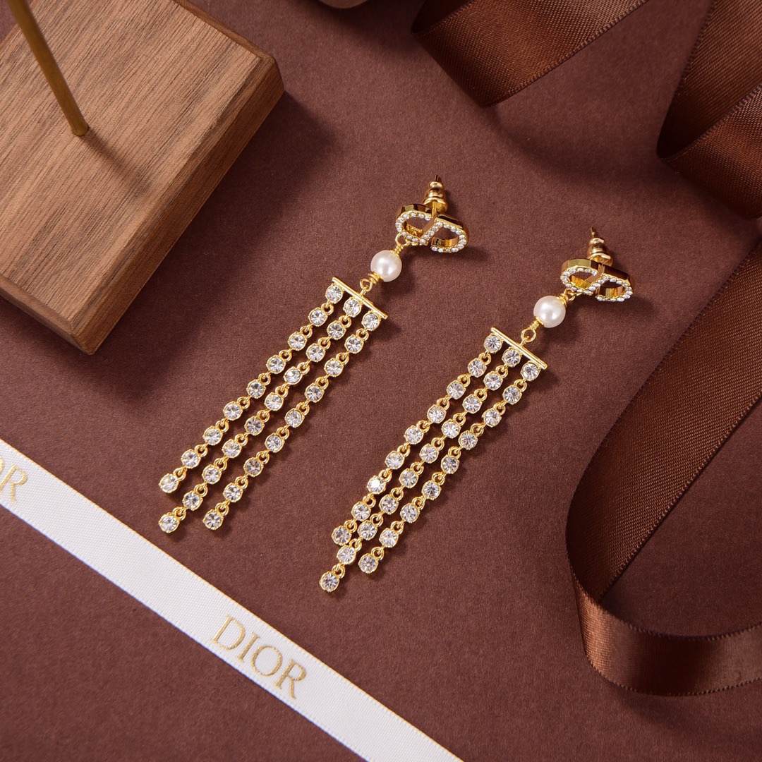 TOP Christian Dior Tassel Brass Diamond earrings - Gold