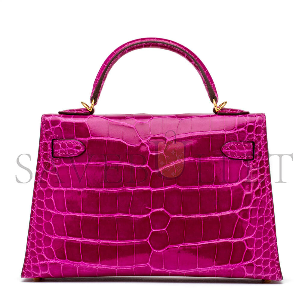 HERMES\HERMÈS MINI KELLY II GLOSSY ALLIGATOR ROSE (19*12*5.5cm)