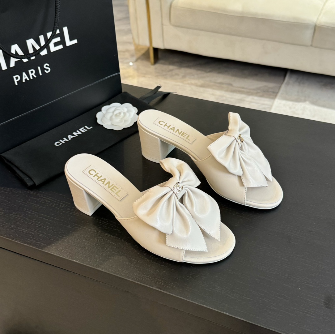 TOP CHANEL Middle Heel Slippers with Bow - 6 Color