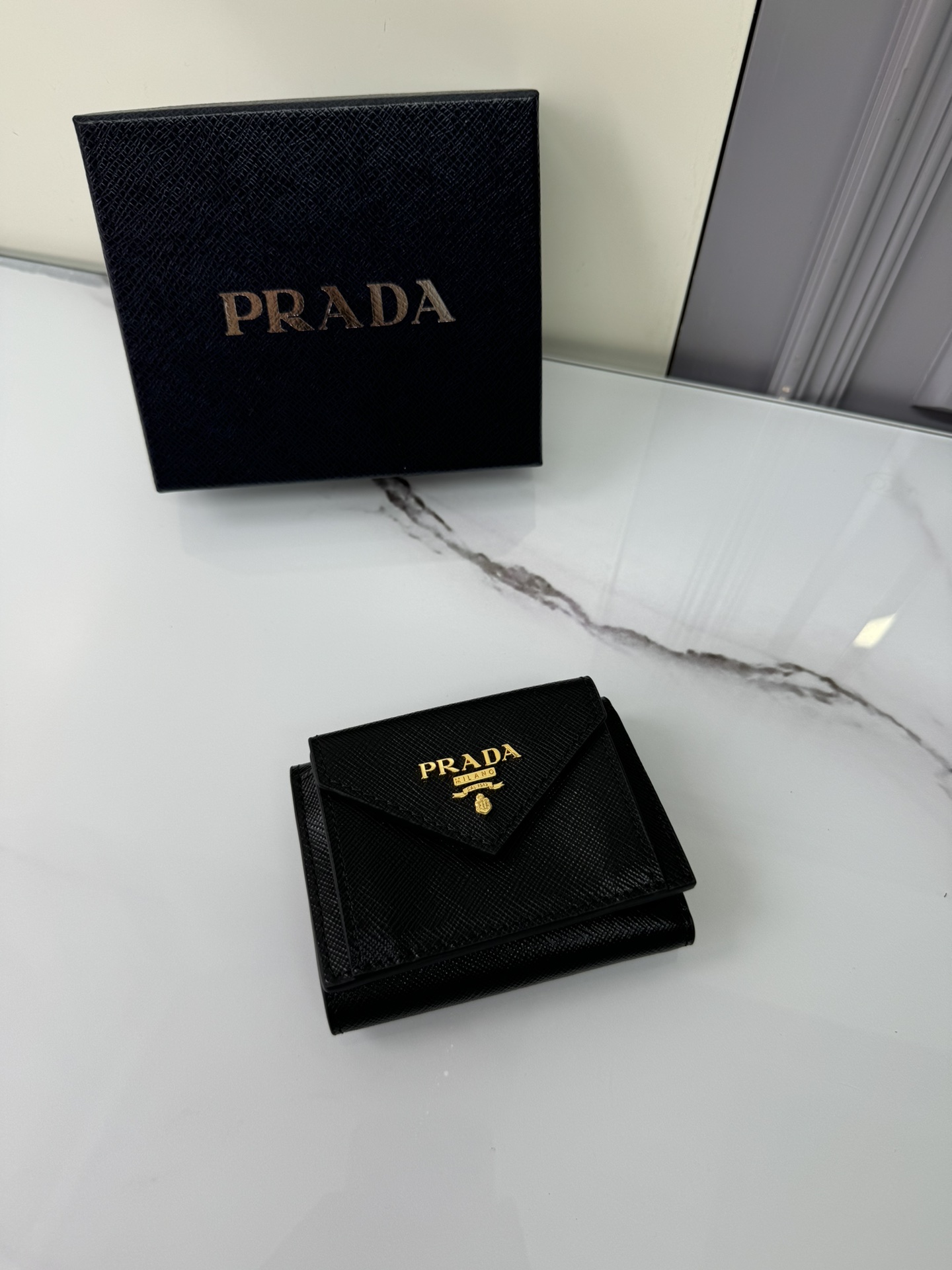 TOP PRADA Women Saffiano Plain Leather Folding Wallet 10×7.5 cm -4 Colors