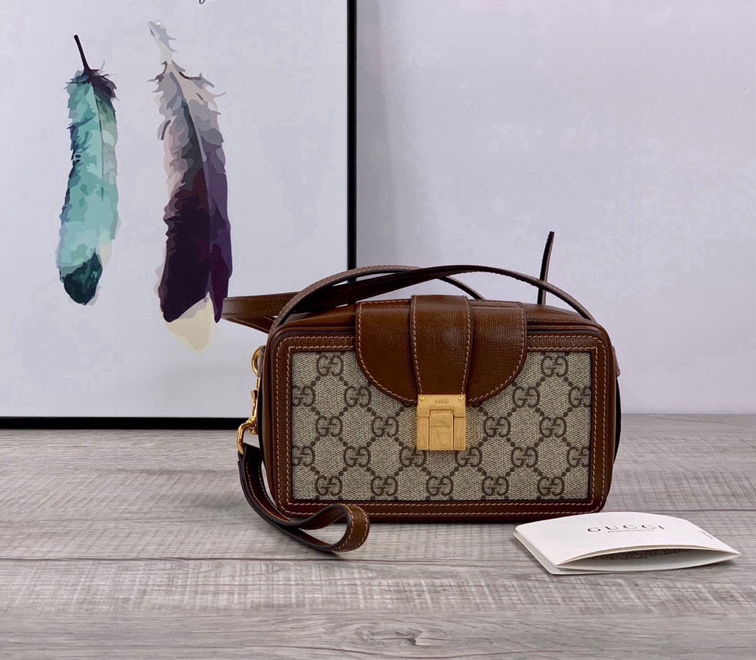 TOP GUCCI Brown Leather Handbag 18x10.5x6.5CM - GHW