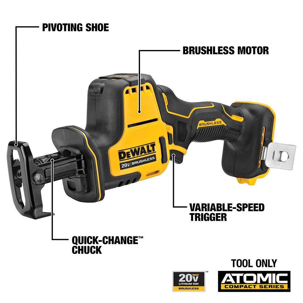 ATOMIC 20V MAX Cordless Brushless Compact Reciprocating Saw, (1) 20V 6.0Ah and (1) 20V 4.0Ah Batteries, and Charger
