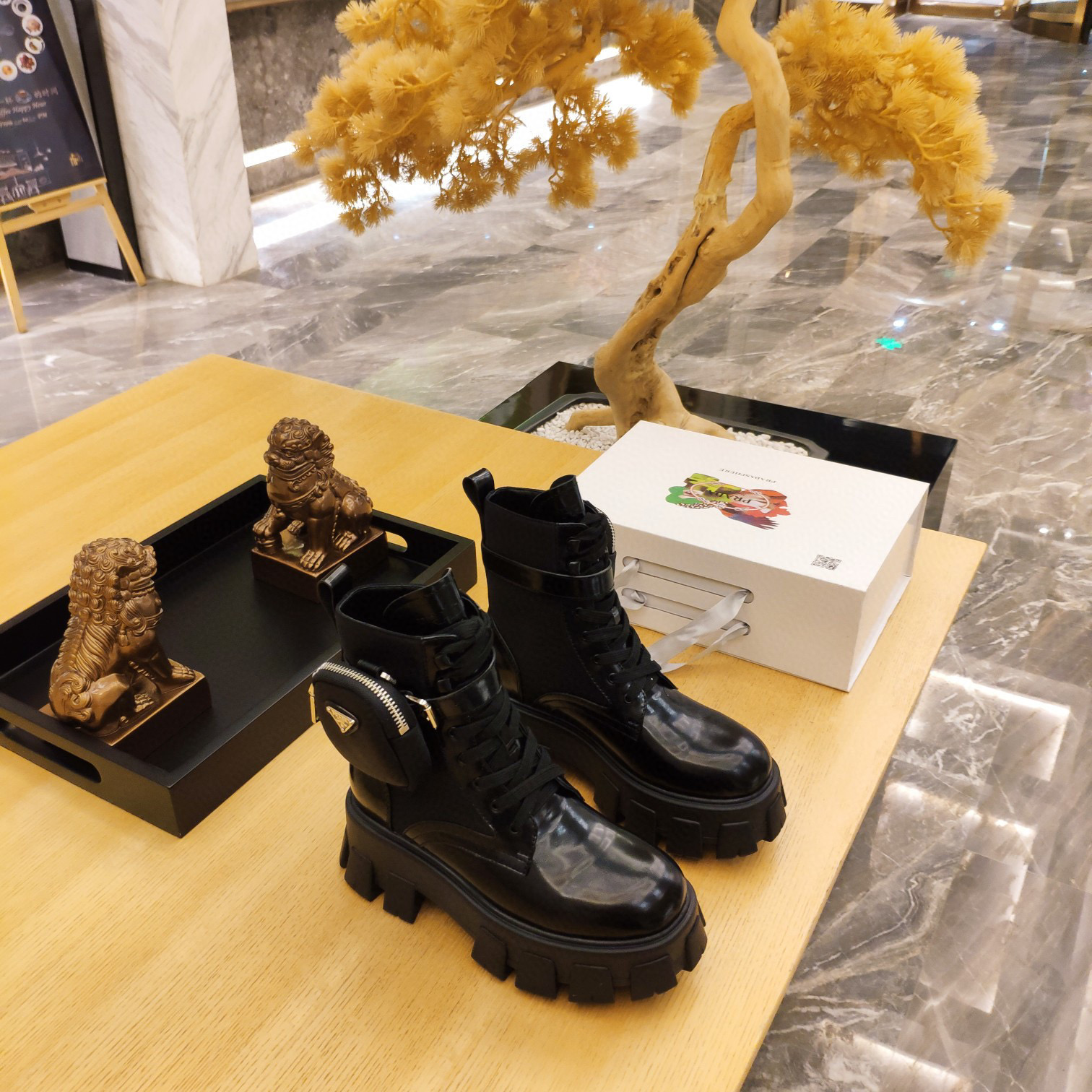 TOP PRADA Monolith Patent Leather and Nylon Ankle Boots With Small Bas - Black