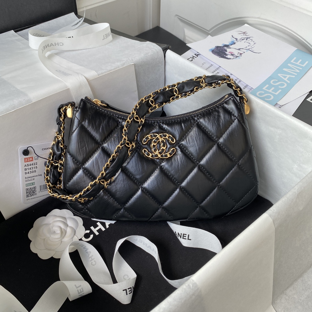 TOP CHANEL Hobo 23khobo Wrinkled Cowhide Bag - GHW&Black - 13.5×23.5×5.3cm/12×20.5×4.5cm