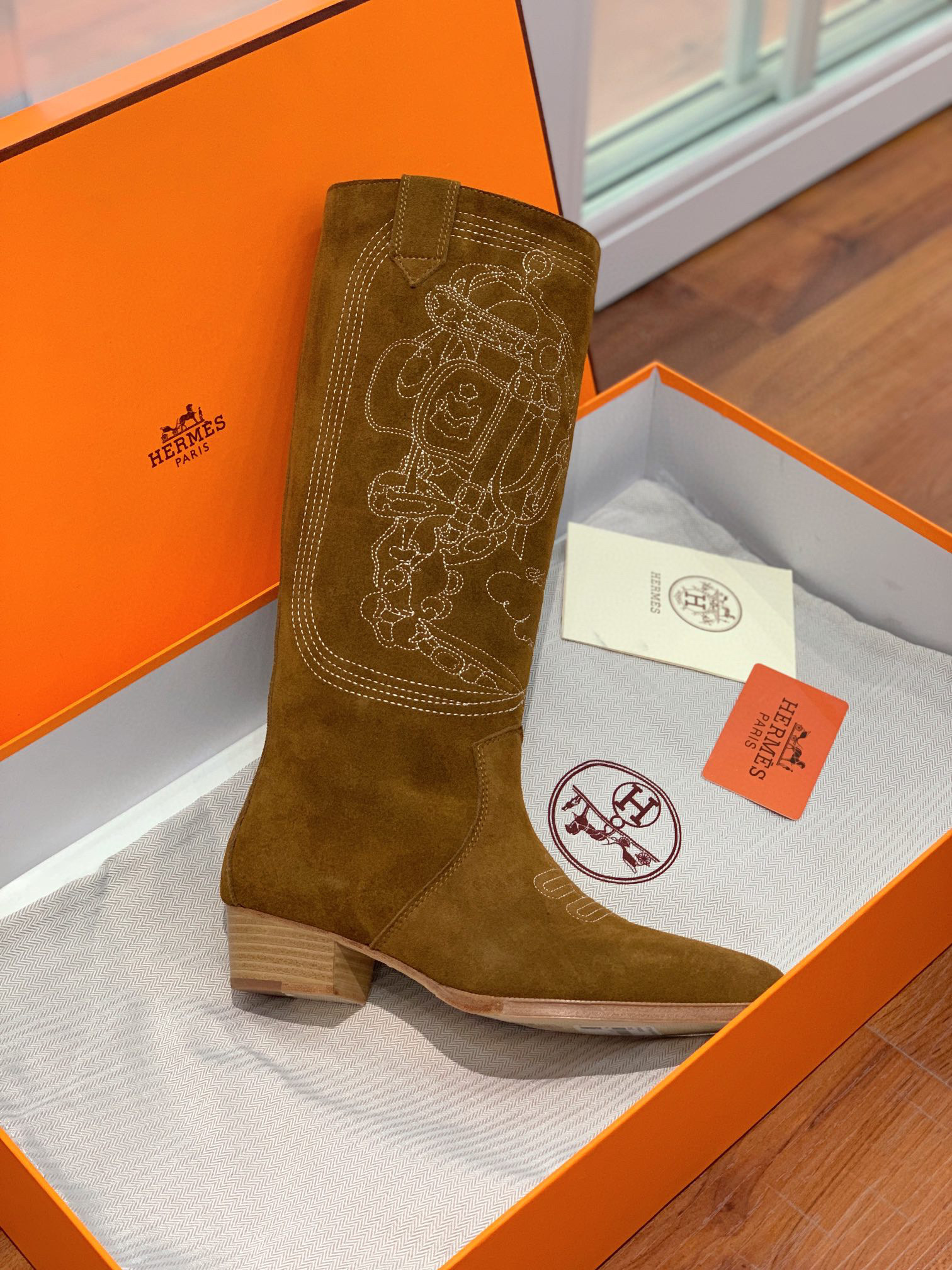 TOP HERMES Cow Boy Boots - Brown/Black/Black Suede