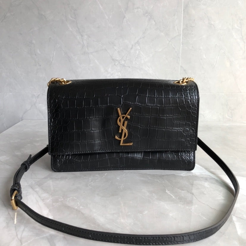 TOP Yves Saint Laurent YSL Medium Monogramme Sunset Croc Bag 22x8x16cm - Black
