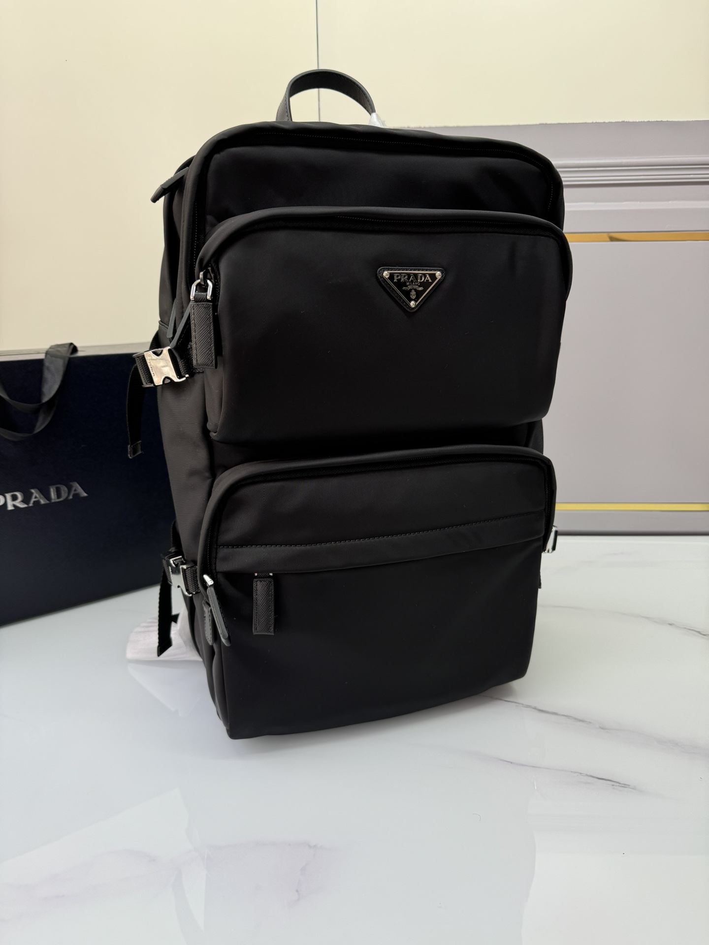 TOP PRADA Nylon Fabric Multi-Functional Backpack 25.5x21.5x45cm - Black