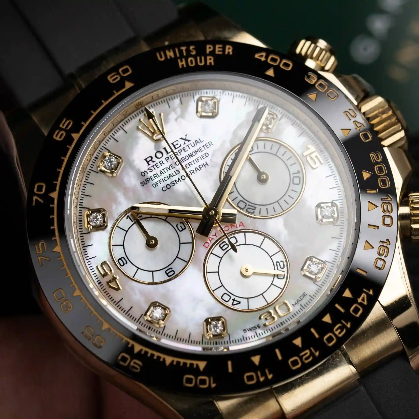 AAAWatch Rolex Cosmograph Daytona Men’s Chronograph Watch, MOP Diamond‑Set Dial, Yellow Gold Case, Black Ceramic Bezel, Oysterflex Rubber Strap Luxury Automatic Wristwatch