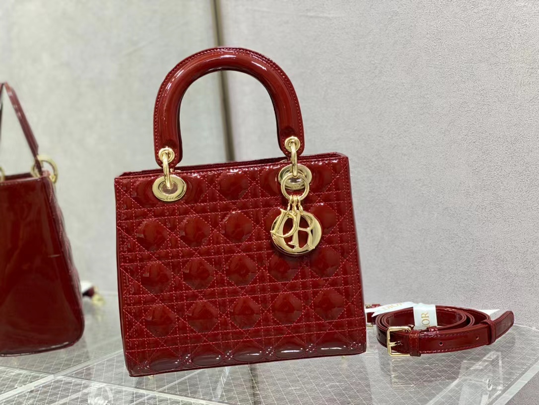 TOP Christian Dior Lady Dior Bag Patent Leather 17x7.5x14 cm/ 20x17x8 cm/24x20x11 cm- Red