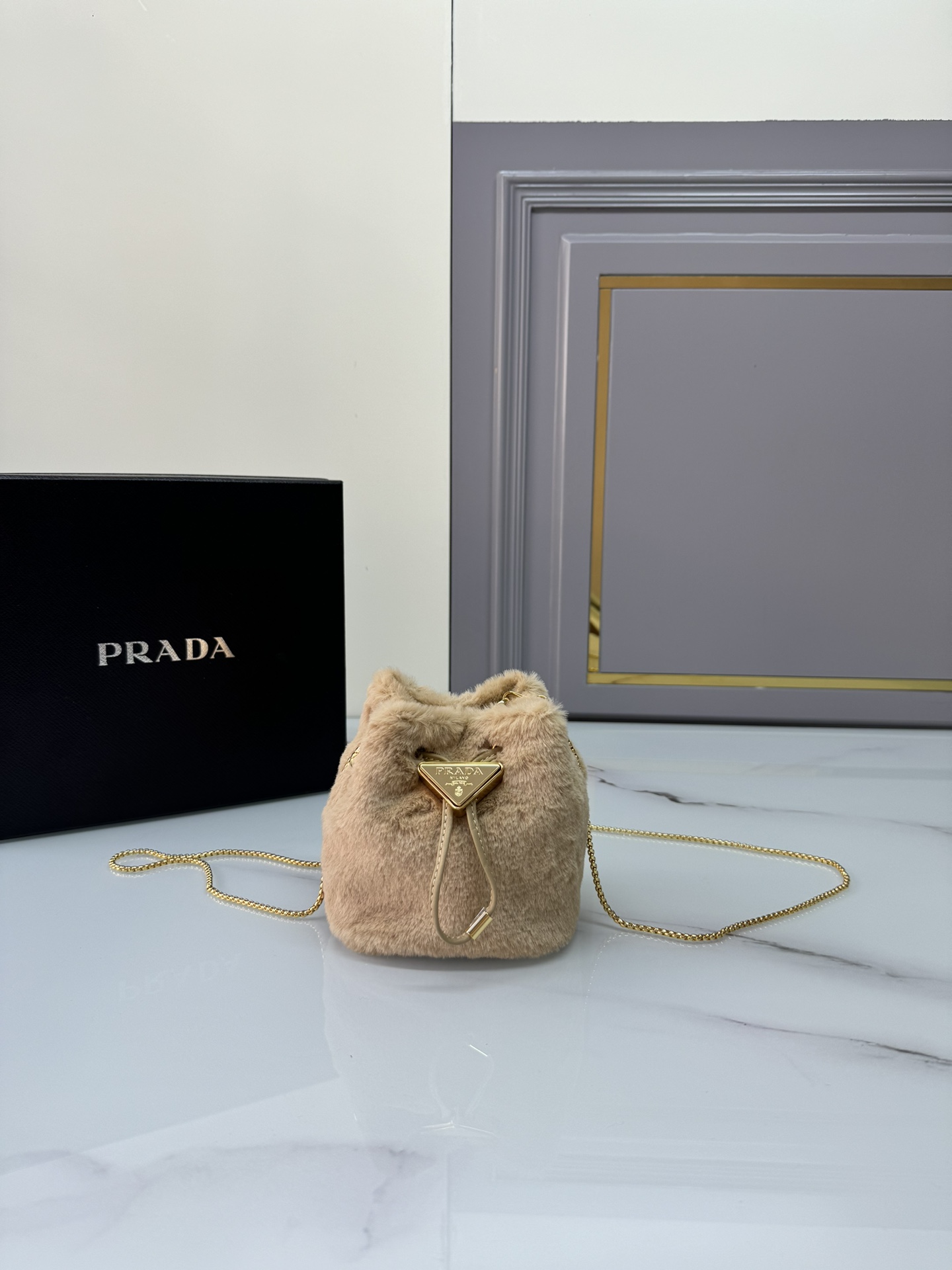 TOP PRADA Bucket Bag Wool & Leather Mini 9x9.5x6cm - Black