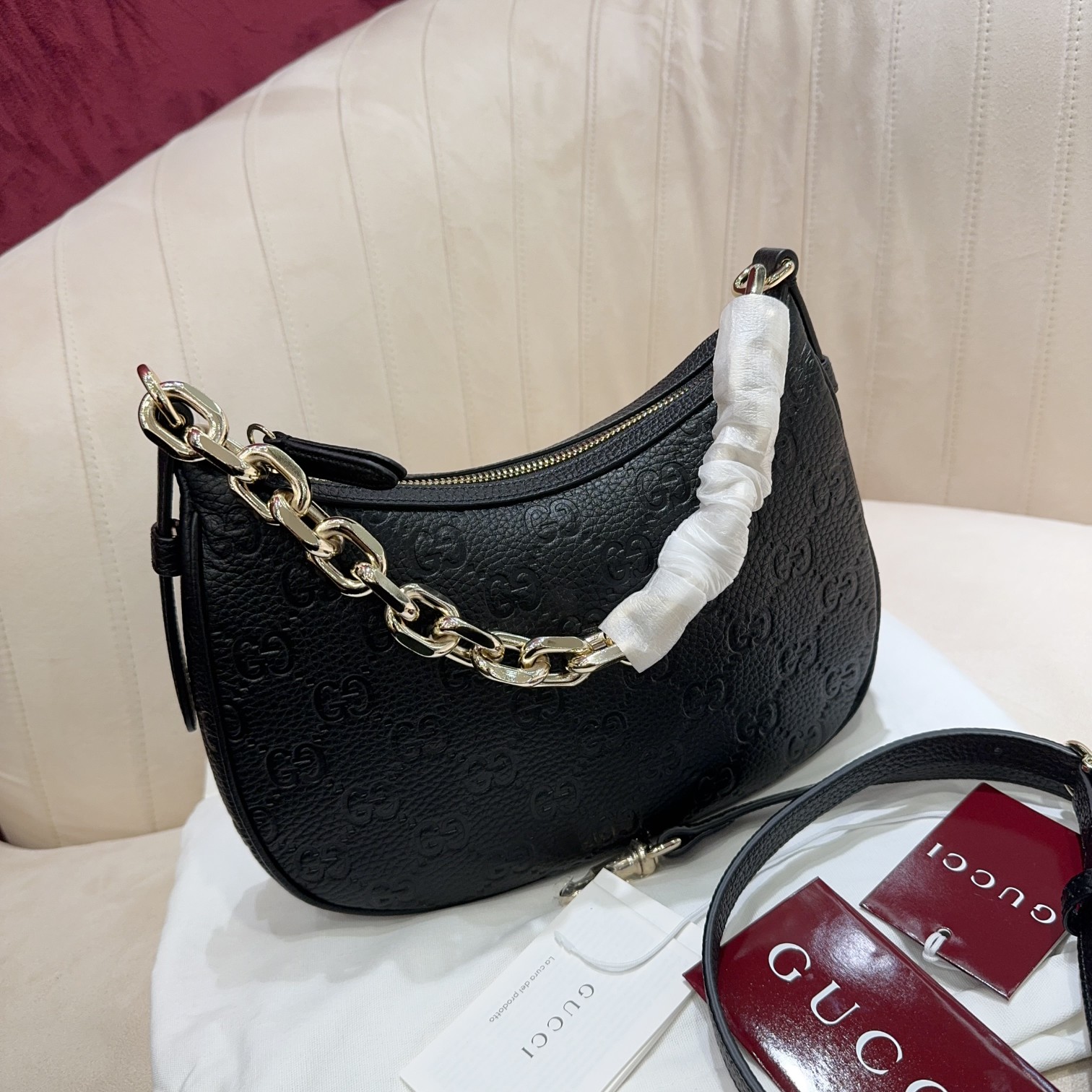 TOP GUCCI G*G Emblem bag Small Half-Moon Bag 25.5*20*5cm - Black