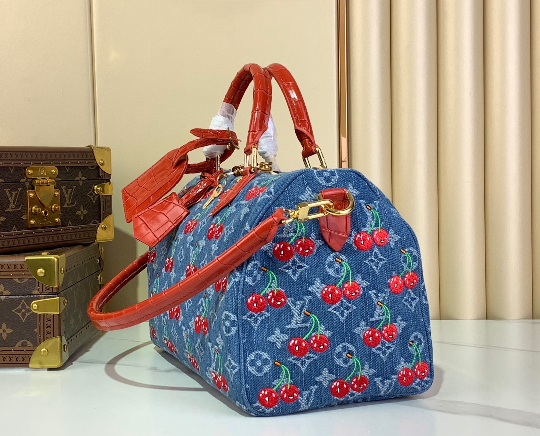 TOP Louis Vuitton LV Speedy Soft 30 Bag Cowboy/Cherry 30x21x17cm - Blue