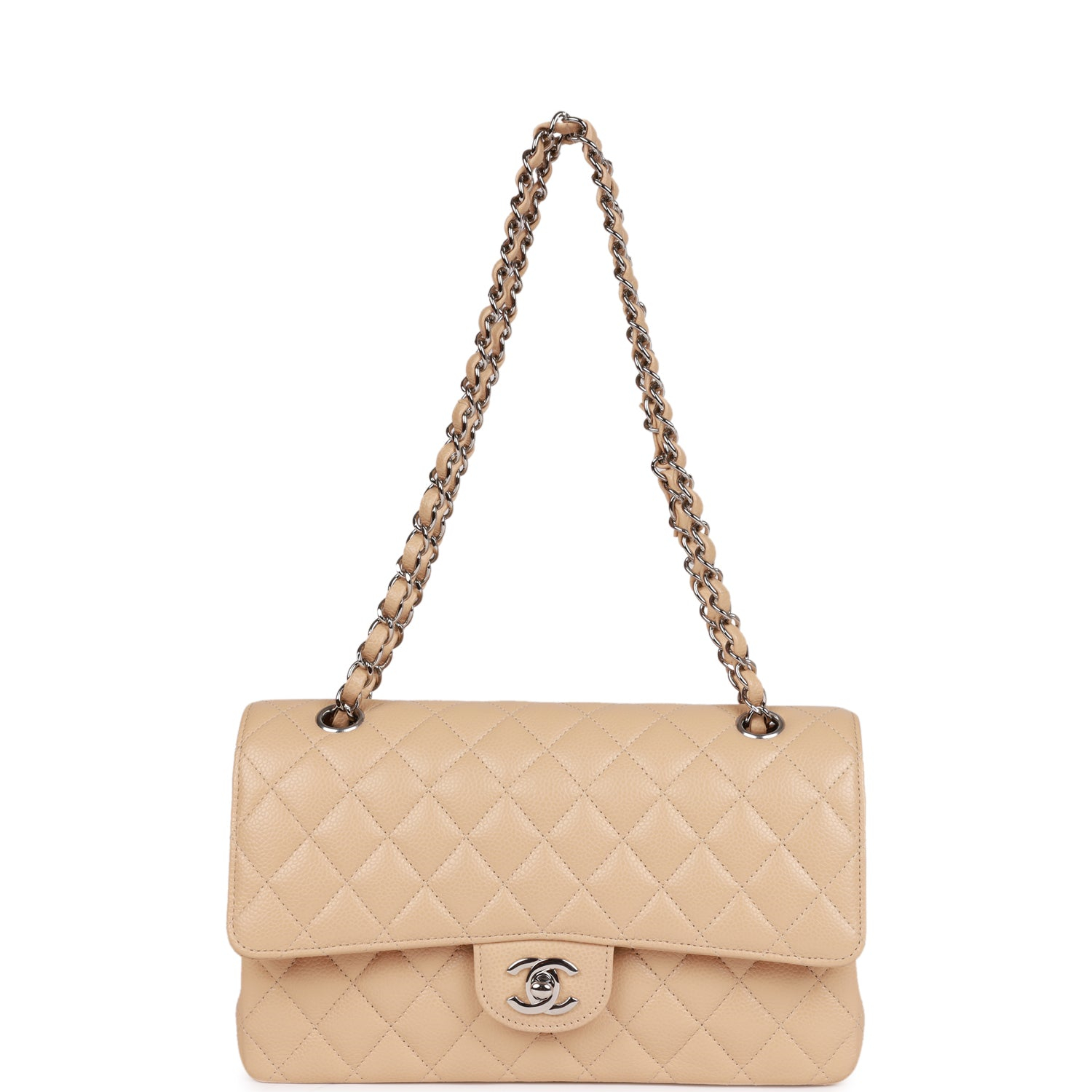 Chanel Classic Flag Bag Medium Classic Double Flap Bag Beige Caviar Silver Hardware