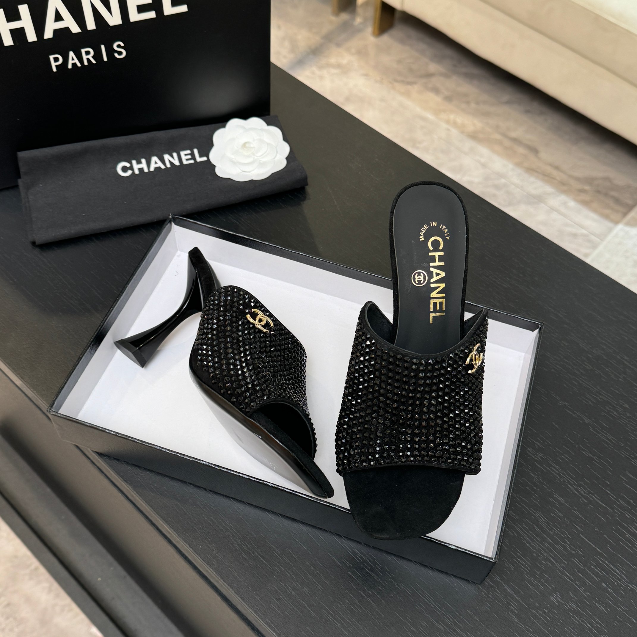 TOP CHANEL High Heel Sliders Embellished with Rhinestones - 3 Color
